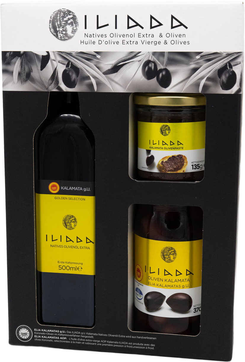 Iliada Geschenkbox PDO ( Olivenöl 500 ml / Oliven schwarz 370 g / Olivenpaste 135 g ) 3er Set